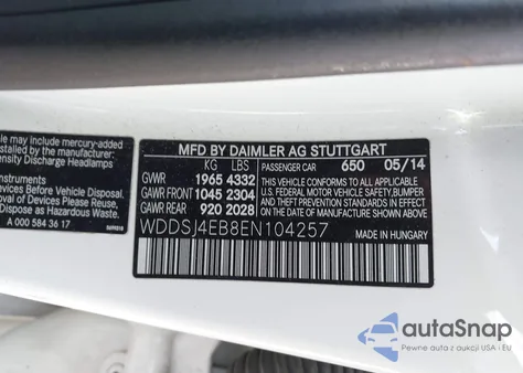 2014 Mercedes-Benz Cla 250 z USA, uszkodzony, nr VIN WDDSJ4EB8EN104257